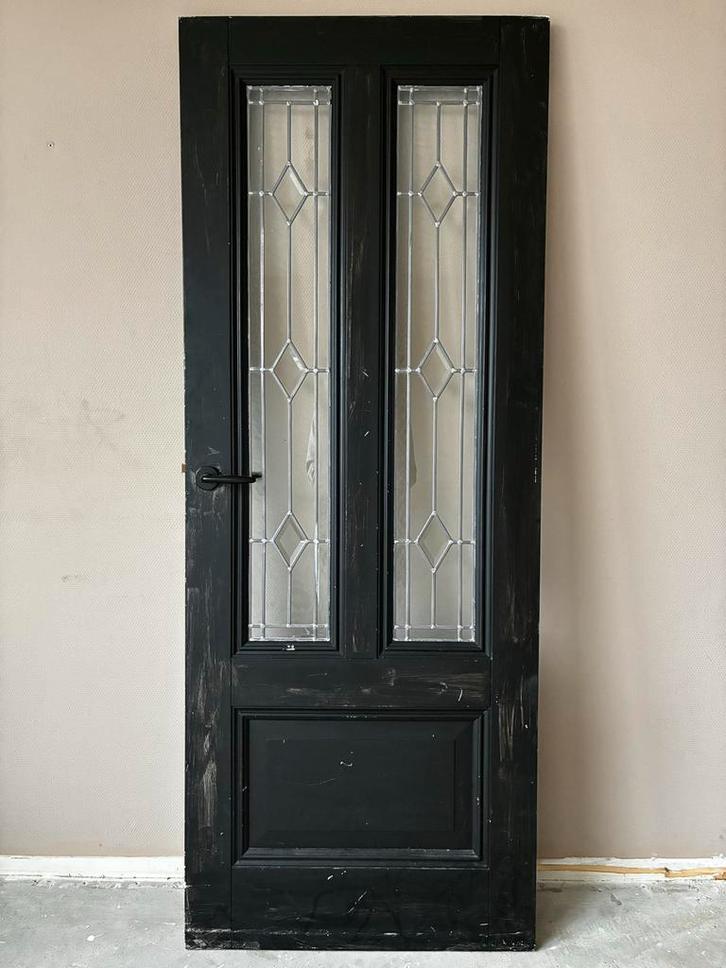 Houten deur met glas in lood, Doe-het-zelf en Verbouw, Deuren en Horren, Gebruikt, Binnendeur, 200 tot 215 cm, Minder dan 80 cm