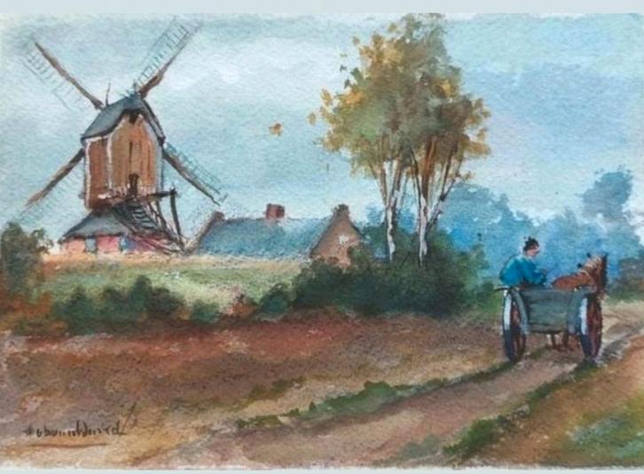 Aquarel ... 14 cm h. x 19 cm b. ...  Hub van Winkel.., Antiek en Kunst, Kunst | Schilderijen | Klassiek, Ophalen of Verzenden