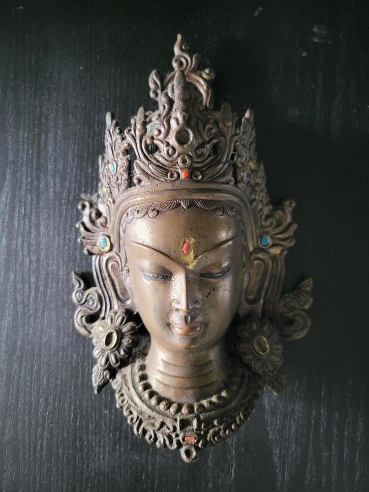 Nepalees bronzen wandmasker, Bodhisattva,  20 cm, 0,5 kg, Huis en Inrichting, Woonaccessoires | Boeddhabeelden, Ophalen of Verzenden