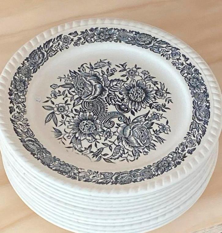6 borden in creme met donkerblauwe bloemen, gaaf, Huis en Inrichting, Keuken | Servies, Zo goed als nieuw, Bord(en), Overige stijlen