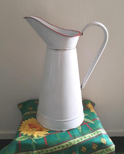 Franse brocante emaille lampetkan waterkan kan - rode rand, Antiek en Kunst, Antiek | Emaille, Ophalen of Verzenden