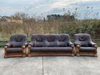 Zwaar eiken bruin leren kuipbankstel 3+1+1 zits !!, Ophalen, Gebruikt, Overige maten, Kuipbankstel