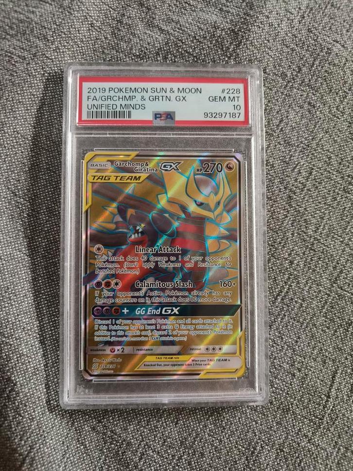 Garchomp & Giratina GX PSA10 tag team, Hobby en Vrije tijd, Verzamelkaartspellen | Pokémon, Zo goed als nieuw, Losse kaart, Ophalen of Verzenden