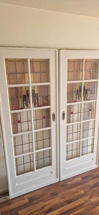 Glas in lood ensuite schuifdeuren jaren 30 1930 vintage, Doe-het-zelf en Verbouw, Deuren en Horren, Gebruikt, Binnendeur, 200 tot 215 cm