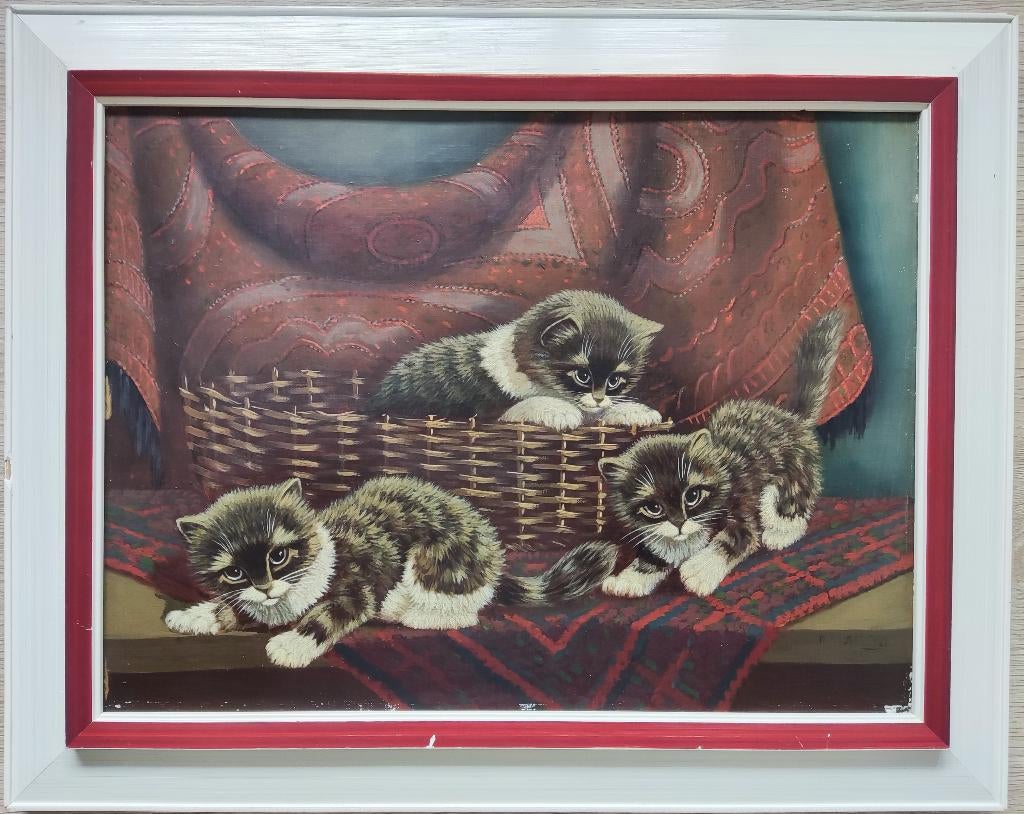 Hollandse School (XX) - Stilleven met spelende kittens, Ophalen of Verzenden