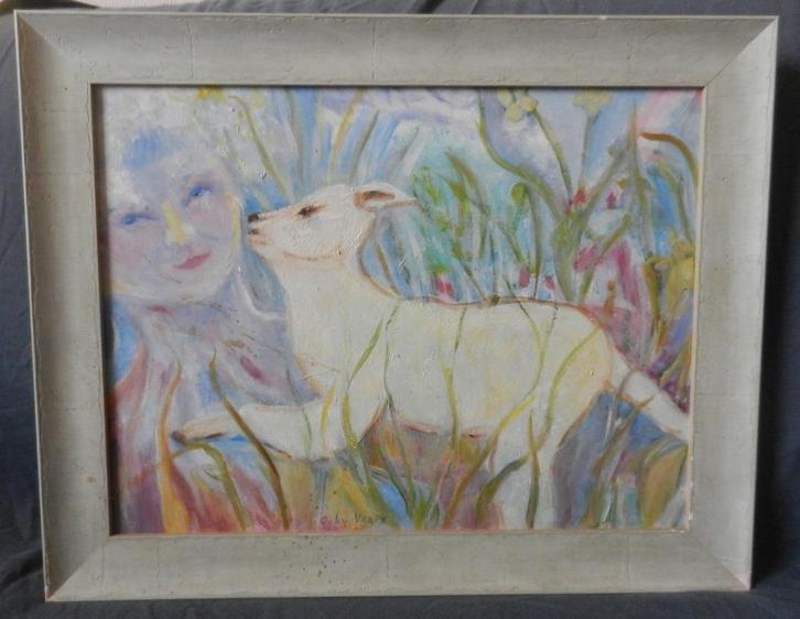 Olieverf Vrouw met geitje / bokje / hond ? gesign Coby Veger, Antiek en Kunst, Kunst | Schilderijen | Klassiek, Ophalen of Verzenden