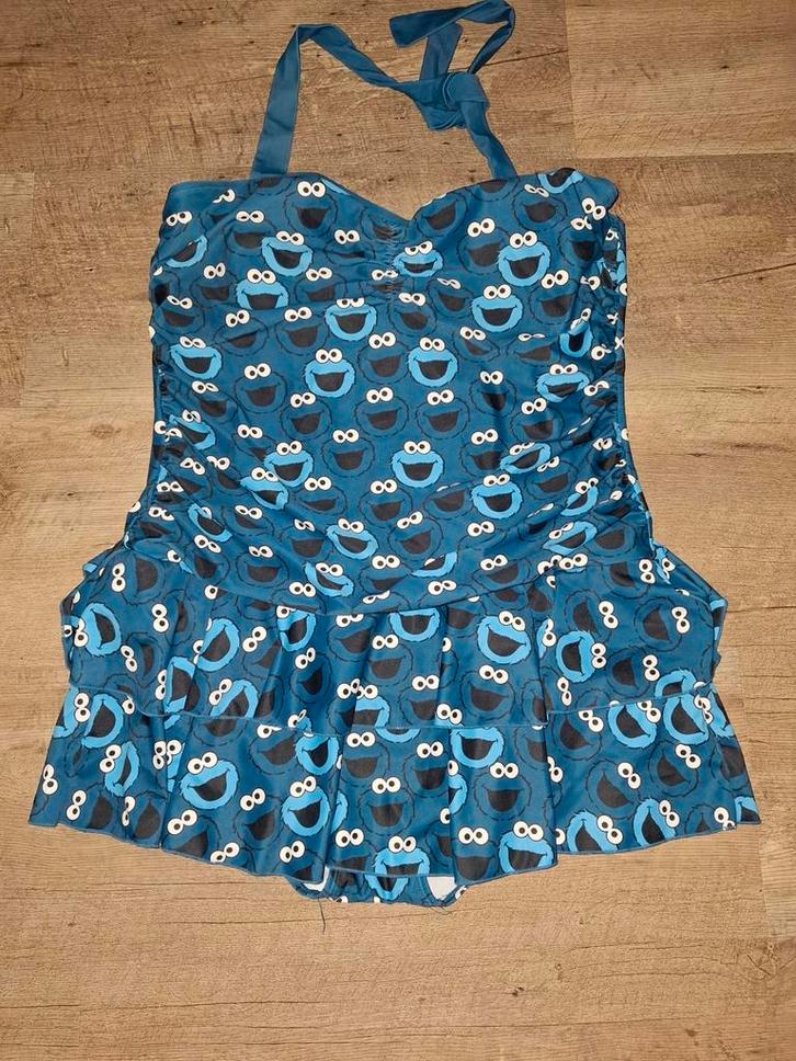 Leuk blauw badpak met koekiemonster print, Kleding | Dames, Tops, Zo goed als nieuw, Maat 46/48 (XL) of groter, Blauw, Korte mouw