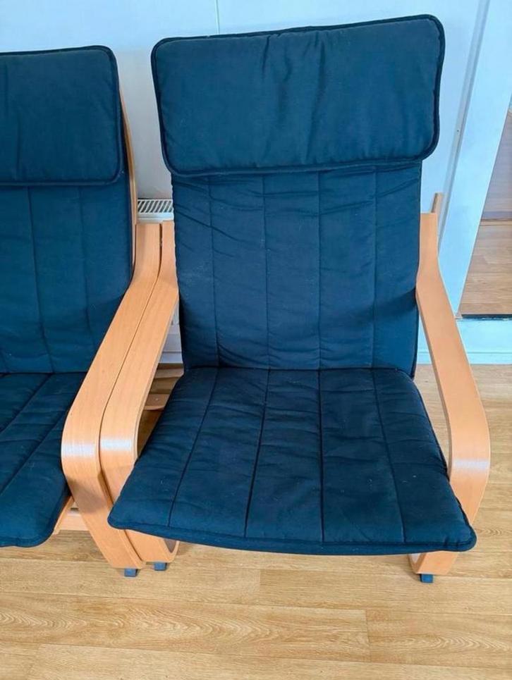 2 IKEA Poang Fauteuils Bruin/Zwart, Huis en Inrichting, Stoelen, Gebruikt, Twee, Hout, Zwart, Ophalen