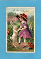 Pracht oude paaskaart/reliéf M138 - Meisje danst met haasje, Verzamelen, Verzenden, Voor 1920, Ongelopen, Kinderen