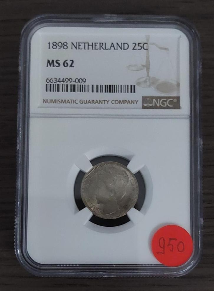 25 cent 1898 in slab NGC MS 62 voor 950 euro voor 800 euro, Postzegels en Munten, Munten | Nederland, 25 cent, Koningin Wilhelmina