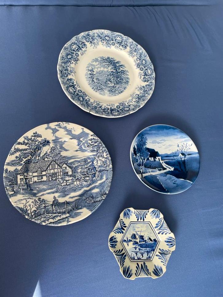 4 Blauw/Wit Oude Wandborden - Verschillende Maten, Antiek en Kunst, Antiek | Schalen, Ophalen of Verzenden