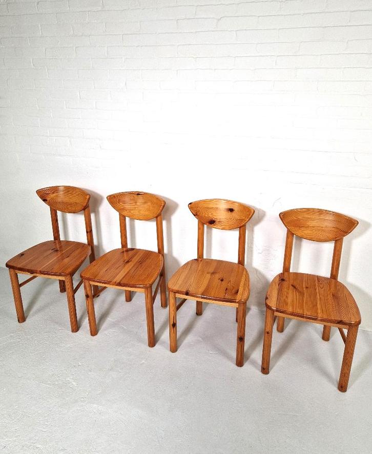 Set van 4 Vintage Daumiller Grenen eetkamerstoelen, Huis en Inrichting, Stoelen, Gebruikt, Vier, Hout, Bruin, Ophalen