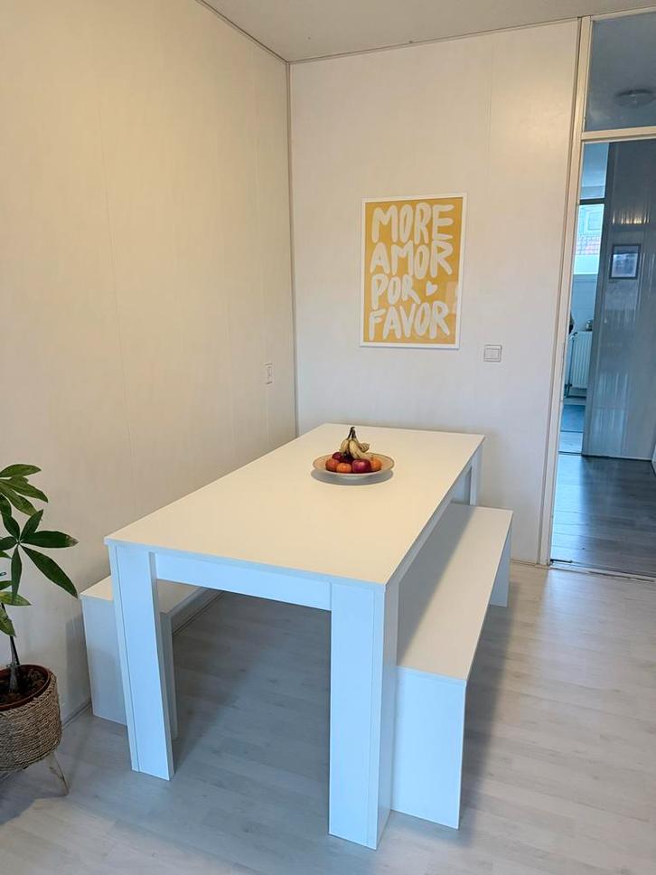 Witte eettafel met zitgedeelte - 160x80 cm, Huis en Inrichting, Tafels | Eettafels, Zo goed als nieuw, 50 tot 100 cm, 150 tot 200 cm