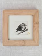 Ets van vogel, een musje, 10x10 cm, met bamboe lijst, Minder dan 50 cm, Oorspronkelijke maker, Nieuw, Ophalen of Verzenden