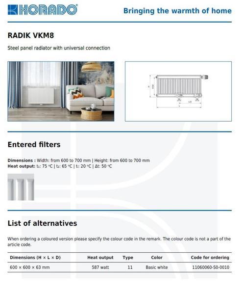 Vlakke radiator Korado 600x600x63 Type 11 587watt, Doe-het-zelf en Verbouw, Verwarming en Radiatoren, Nieuw, Radiator, 500 tot 800 watt