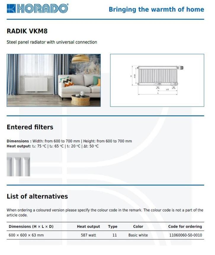 Vlakke radiator Korado 600x600x63 Type 11 587watt, Doe-het-zelf en Verbouw, Verwarming en Radiatoren, Nieuw, Radiator, 500 tot 800 watt