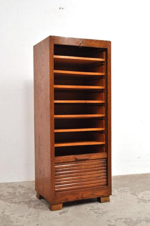 Vintage art deco archiefkast roldeurkast eiken jaren 30, Huis en Inrichting, Kasten | Roldeurkasten en Archiefkasten, Gebruikt