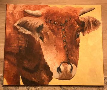 Schilderij met stier, h80 x b95, plakkaatverf op canvasdoek. beschikbaar voor biedingen