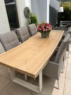 Tuin dinning set, tafel boom stam eiken met 6 dinning chairs, 6 zitplaatsen, Aluminium, Ophalen of Verzenden, Zo goed als nieuw
