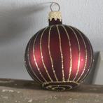 glazen kerstbal bordeaux  met goude glitter strepen, Diversen, Kerst, Ophalen of Verzenden, Gebruikt