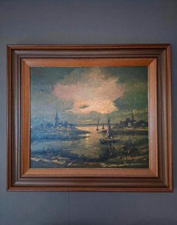 Antiek schilderij 92 cm x 82 cm
"vissersdorp bij maanlicht " beschikbaar voor biedingen