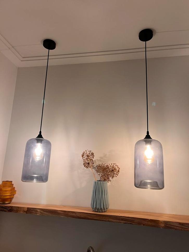 Blauwe glazen hanglampen set (2x), Huis en Inrichting, Lampen | Hanglampen, Zo goed als nieuw, Minder dan 50 cm, Glas, Ophalen of Verzenden