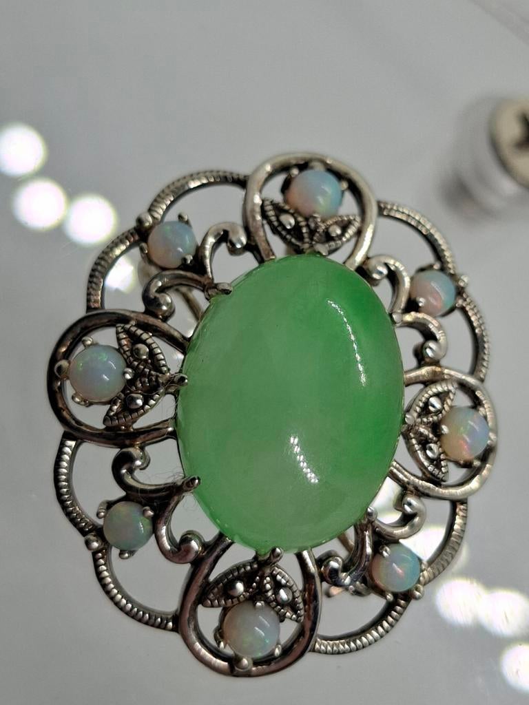 Zilveren Broche met Jade en Opaal - 925 Zilver, 4 tot 7 cm, Ophalen of Verzenden, Zo goed als nieuw, Met edelsteen