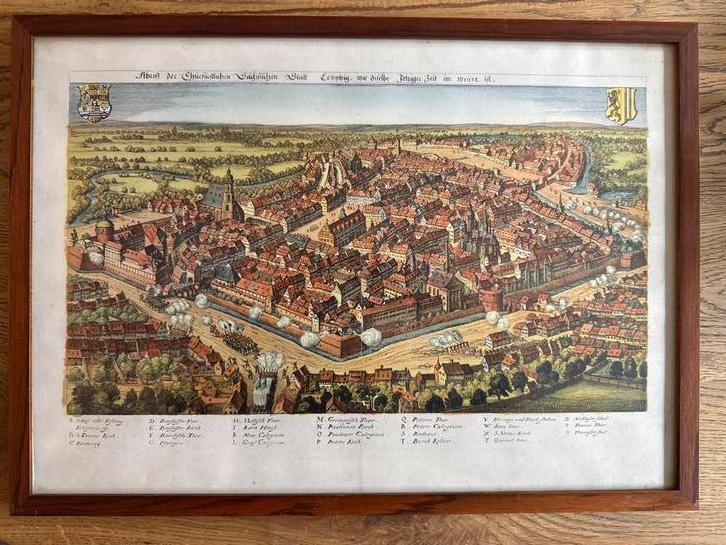Oude ingekleurde kaart van Leipzig (50x40), Antiek en Kunst, Kunst | Etsen en Gravures, Ophalen of Verzenden