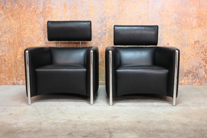 Als NIEUW! 2 zwarte leren Leolux Goncharov design fauteuils, Huis en Inrichting, Fauteuils, Zo goed als nieuw, Leer, Metaal, 75 tot 100 cm
