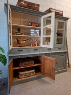 XL vintage/brocante groen-grijze winkelkast, buffetkast, 200 cm of meer, Ophalen of Verzenden, 200 cm of meer, 25 tot 50 cm