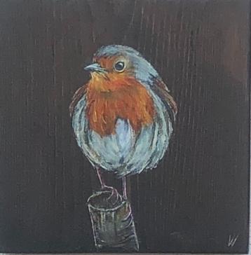 Schilderij roodborstje op gebruikt hout beschikbaar voor biedingen