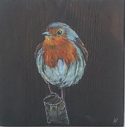 Schilderij roodborstje op gebruikt hout, Antiek en Kunst, Kunst | Schilderijen | Modern, Verzenden