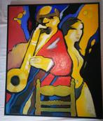 Saxofonist en vrouw. Olieverf op doek. Gesigneerd. 1995., Ophalen of Verzenden