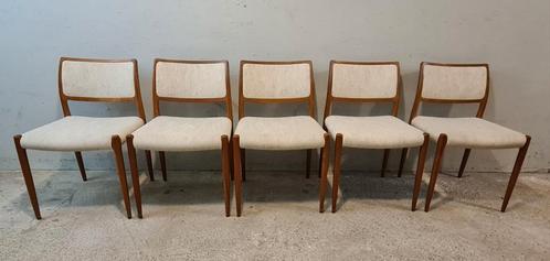 5 Vintage, design stoelen. Niels O. Møller Danmark Model 80, Huis en Inrichting, Stoelen, Hout, Stof, Ophalen