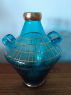 Oud blauw glazen vaasje met gouden details, Ophalen of Verzenden