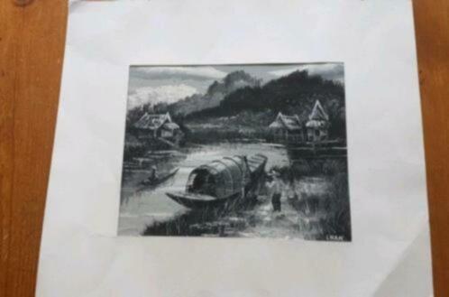 schilderij Indonesië China zwart en grijstinten Chan, Antiek en Kunst, Kunst | Schilderijen | Klassiek, Ophalen