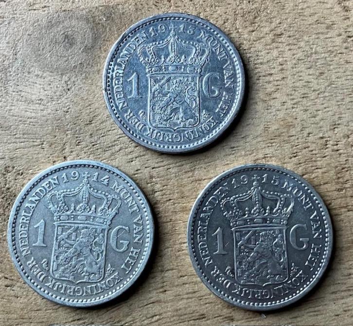 Gulden 1913, 1914 en 1915 Wilhelmina, Postzegels en Munten, Munten | Nederland, Losse munt, 1 gulden, Koningin Wilhelmina, Zilver