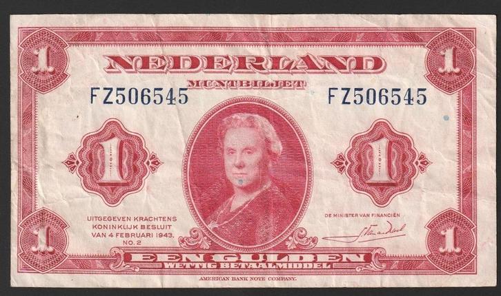 1 gld 1943 FZ 506545 eindigend op Z lastig te vinden, Postzegels en Munten, Bankbiljetten | Nederland, 1 gulden, Ophalen of Verzenden