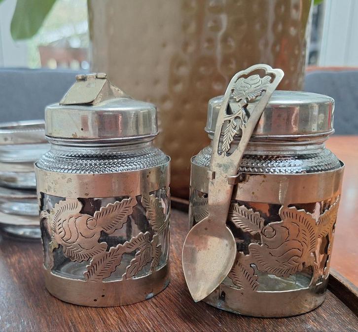 Antieke honing en jampot in houder, Antiek en Kunst, Antiek | Servies los, Ophalen of Verzenden