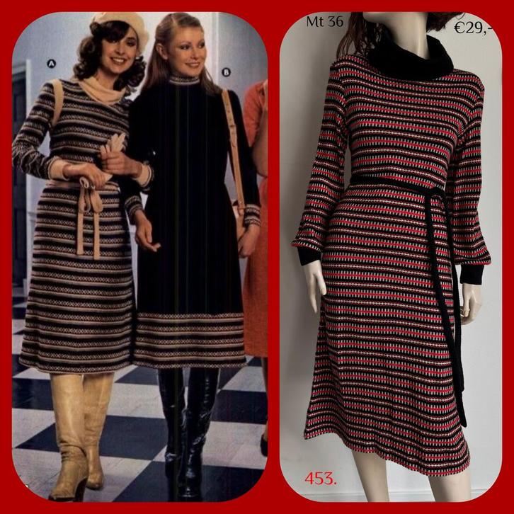 453. Vintage winterjurk met col mt 36, Kleding | Dames, Jurken, Gedragen, Maat 36 (S), Rood, Onder de knie, Verzenden