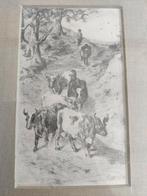 Potlood tekening koeien in landschap, Antiek en Kunst, Kunst | Tekeningen en Foto's, Ophalen of Verzenden