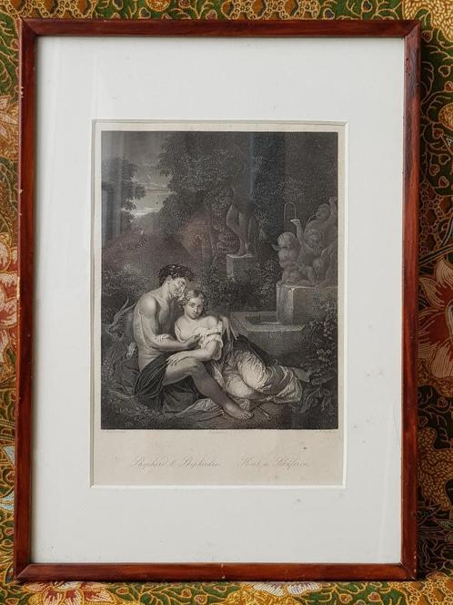 Antieke ingelijste erotische ets van een herder en herderin., Antiek en Kunst, Kunst | Etsen en Gravures, Ophalen of Verzenden