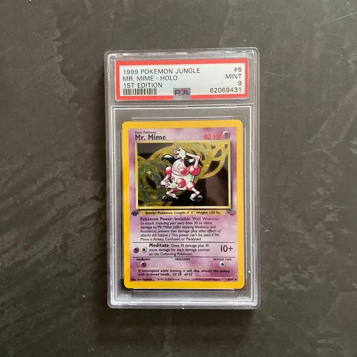 Pokemon Jungle #6 Mr Mime 1st Edition PSA 9, Hobby en Vrije tijd, Verzamelkaartspellen | Pokémon, Zo goed als nieuw, Ophalen of Verzenden