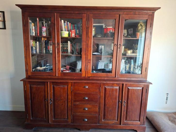 TeakHouten vitrinekast met glazen deuren, Huis en Inrichting, Kasten | Buffetkasten, Gebruikt, 200 cm of meer, 200 cm of meer