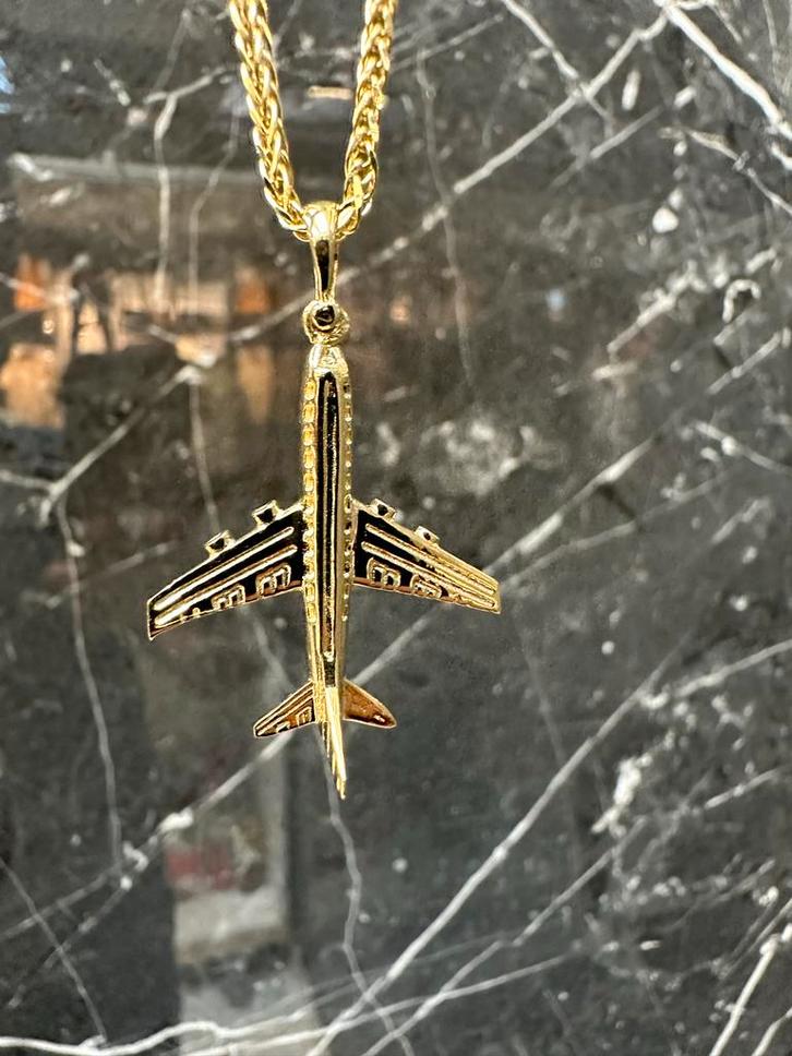 14k Gouden Vossenstaart Ketting met Vliegtuig Hanger - 60cm, Sieraden, Tassen en Uiterlijk, Kettingen, Nieuw, Goud, Met hanger