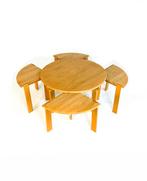 Eikenhouten salontafel met krukjes, Huis en Inrichting, Tafels | Salontafels, Verzenden, Zo goed als nieuw, Vintage retro buisframe design rotan webbing papercord