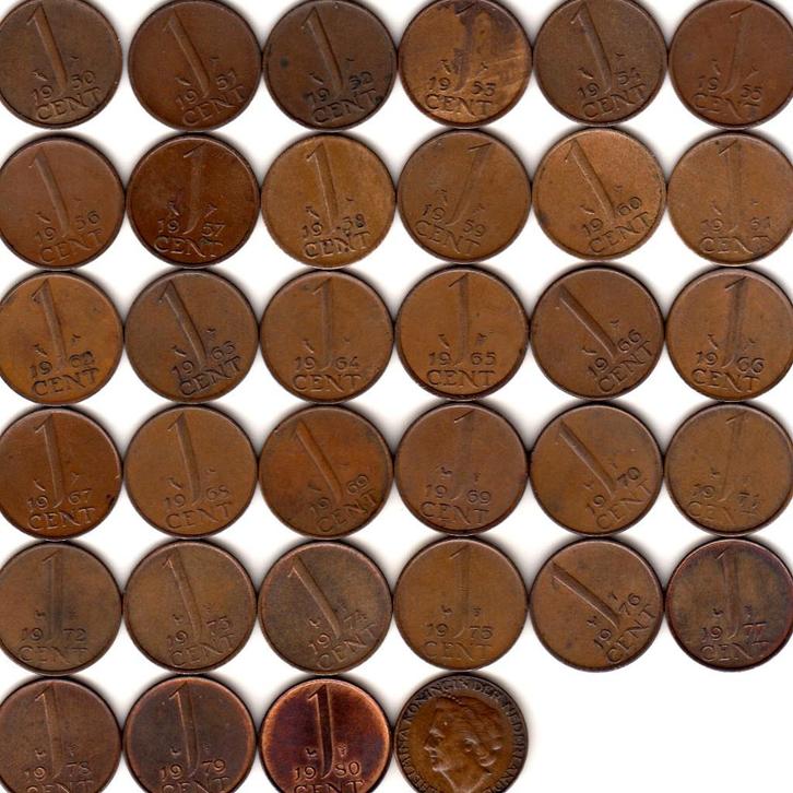 Juliana complete serie 1 cent 1950-1980 33 stuks+1948 gratis, Postzegels en Munten, Munten | Nederland, Koningin Juliana, Verzenden