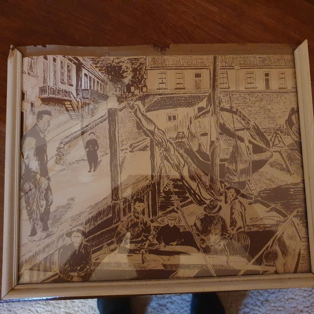 Oude prent met vissersboten in haven, Ophalen of Verzenden