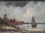 Hollands landschap met zeilboot en molen, Ophalen of Verzenden