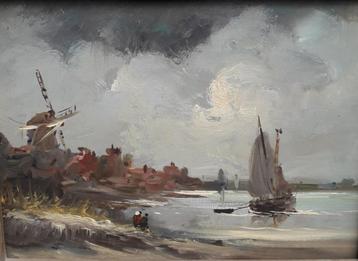 Hollands landschap met zeilboot en molen beschikbaar voor biedingen
